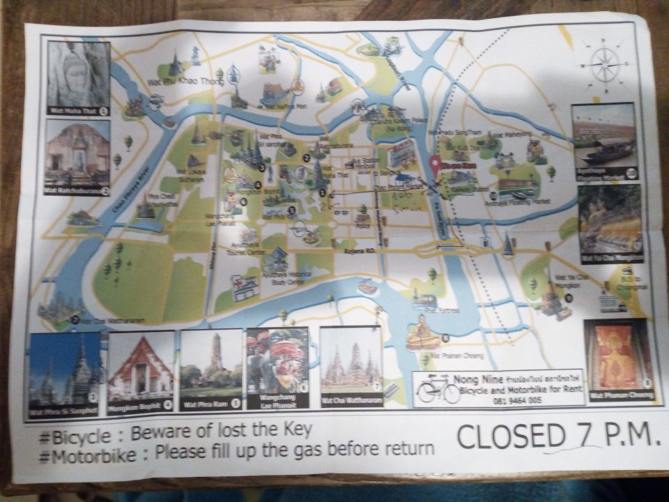 Cartina fornita dal noleggio bici Visitare Ayutthaya in una giornata